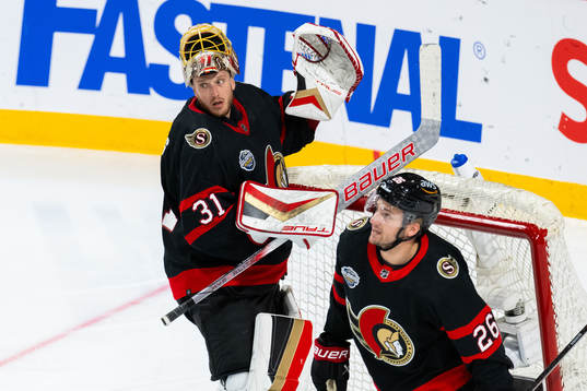 Goaltender Anton Forsberg of Ottawa Senators and Erik