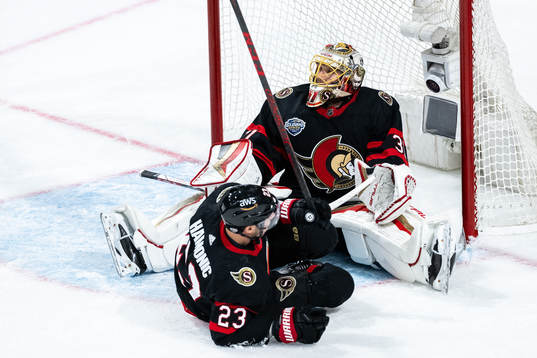 Goaltender Anton Forsberg of Ottawa Senators looks dejected