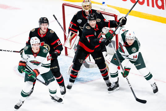 Matt Boldy and Joel Eriksson Ek of Minnesota Wild against