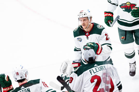 Jonas Brodin of Minnesota Wild celebrates the 1-0 goal by