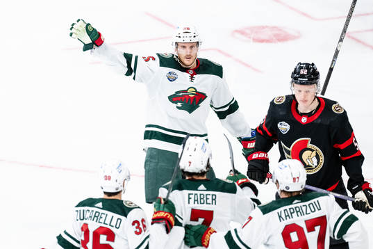 Jonas Brodin of Minnesota Wild celebrates the 1-0 goal by