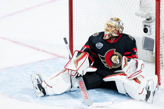 Goaltender Anton Forsberg of Ottawa Senators looks dejected