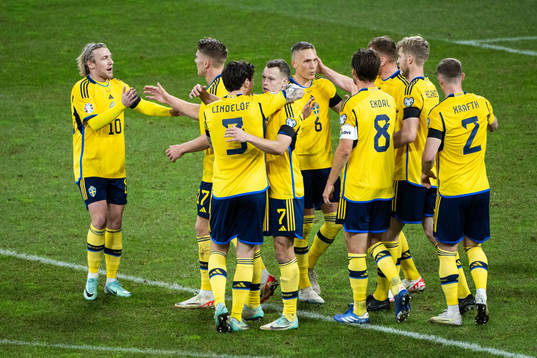 Viktor Claesson of Sweden celebrates with team mates