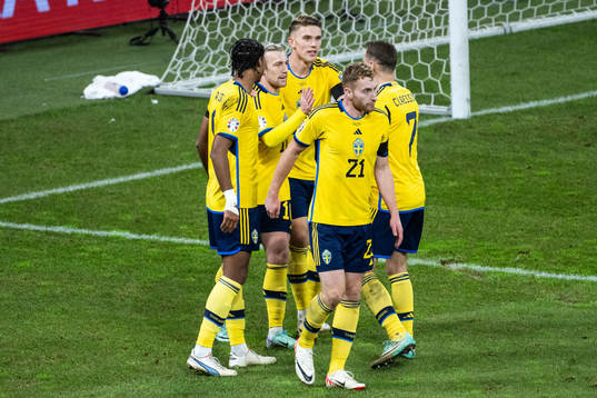 Emil Forsberg of Sweden celebrates with team mates