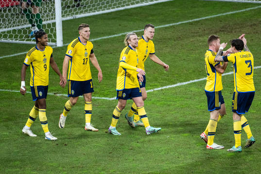 Emil Forsberg of Sweden celebrates with team mates