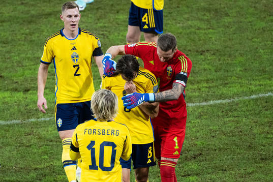 Albin Ekdal and goalkeeper Robin Olsen of Sweden