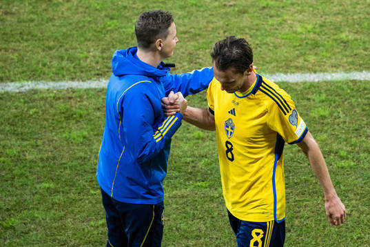 Maths Elfvendal, goalkeeper coach, and Albin Ekdal of Sweden