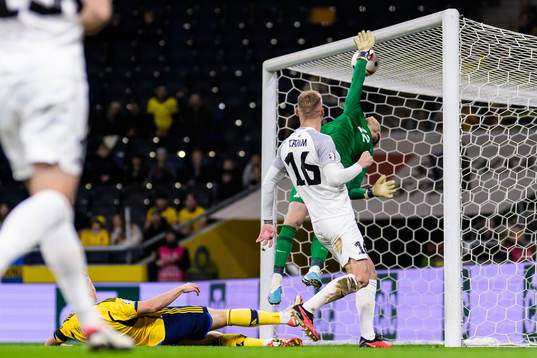 Viktor Gyökeres of Sweden against goalkeeper Karl Jakob