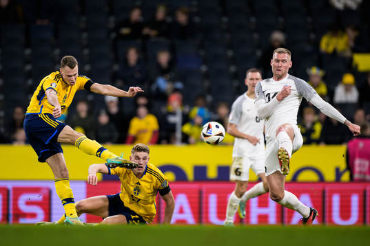 Viktor Claesson and Viktor Gyökeres of Sweden and Joonas