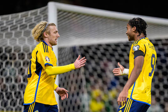 Emil Forsberg and Jens Cajuste of Sweden celebrates the 2-0