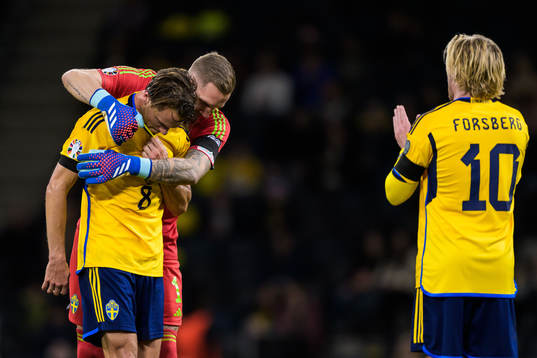 Albin Ekdal and goalkeeper Robin Olsen of Sweden