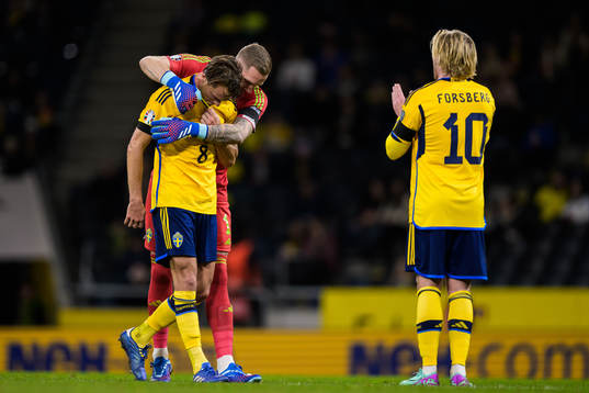 Albin Ekdal and goalkeeper Robin Olsen of Sweden