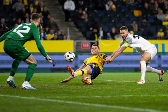 Viktor Gyökeres of Sweden against goalkeeper Karl Jakob