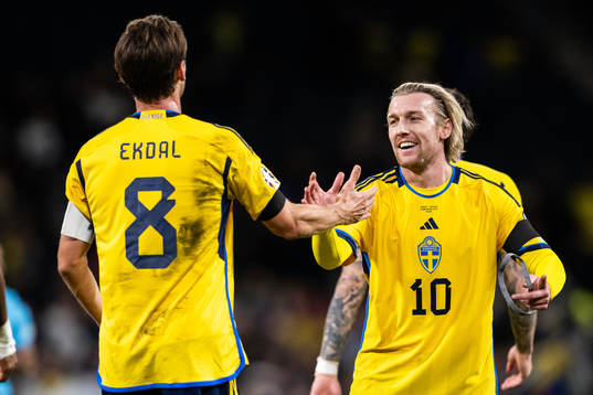 Emil Forsberg Sweden celebrate with Albin Ekdal