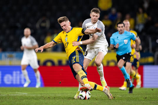 Viktor Gyökeres of Sweden and Markus Poom of Estonia