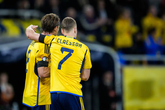 Albin Ekdal and Viktor Claesson of Sweden celebrate the 1-0