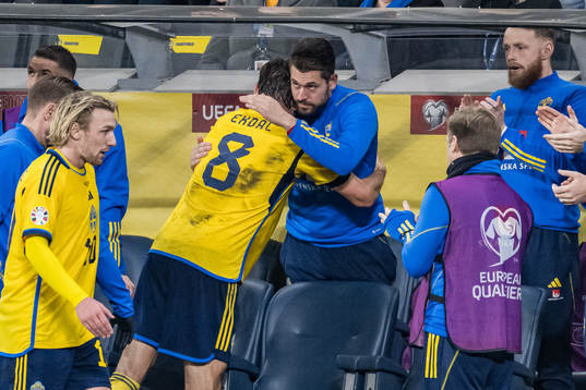 Albin Ekdal and goalkeeper Kristoffer Nordfeldt of Sweden