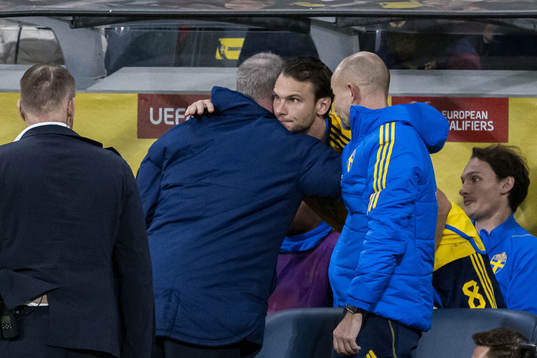 Head coach Janne Andersson  and Albin Ekdal of Sweden