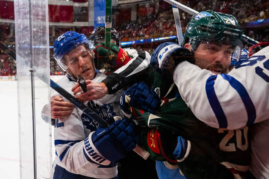 Jake McCabe of Toronto Maple Leafs and Pat Maroon of