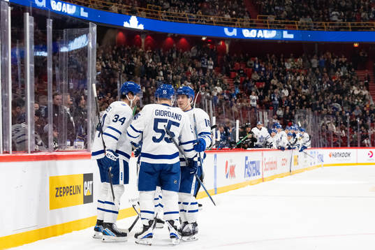 Auston Matthews and Mark Giordano of Toronto Maple Leafs