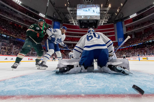 Jon Merrill of Minnesota Wild, not pictured, scores the 0-1