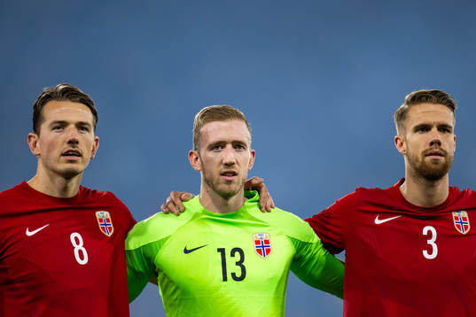 Sander Berge, goalkeeper Egil Selvik and Kristoffer Ajer of
