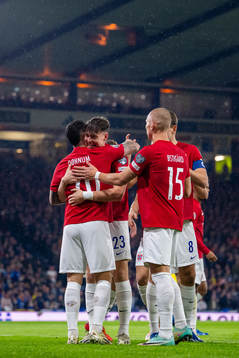 Aron Dønnum of Norway celebrates with Jørgen Strand