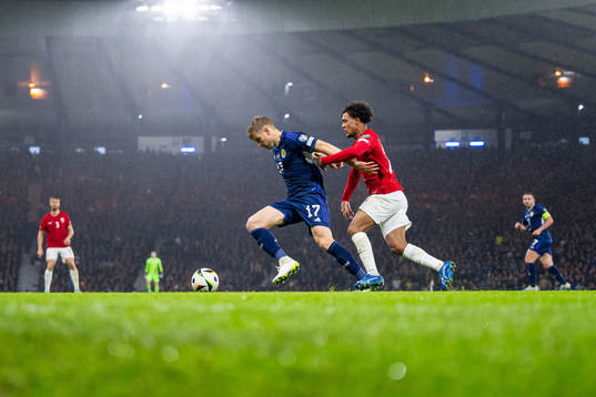 Stuart Armstrong of Scotland and Oscar Bobb of Norway