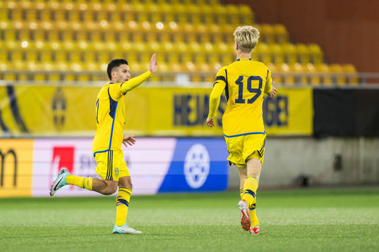 Roony Bardghji and Lucas Bergvall of Sweden celebrates