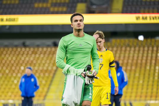 Goalkeeper Oliver Dovin of Sweden looks dejected