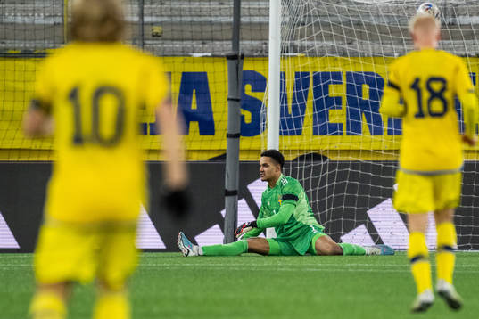 goalkeeper Oliver Dovin of Sweden looks dejected