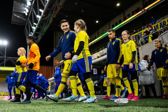 Roony Bardghji and Yasin Ayari of Sweden enter the pitch