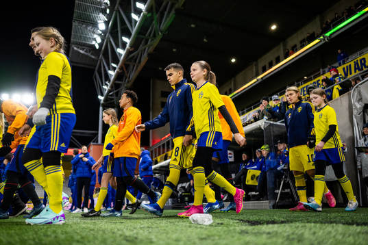 Yasin Ayari and Sebastian Nanasi of Sweden enter the pitch