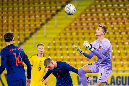 Kenneth Taylor and goalkeeper Calvin Raatsie of Netherlands