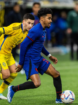 Roony Bardghji of Sweden and Ian Maatsen of Netherlands