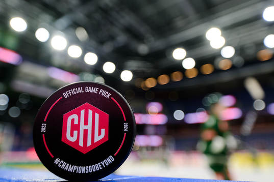 Official game puck ahead the CHL game between Färjestad