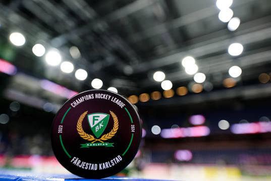 Official game puck ahead the CHL game between Färjestad