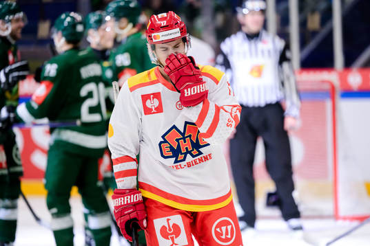 Jeremie Bärtschi of EHC Biel Bienne looks dejected