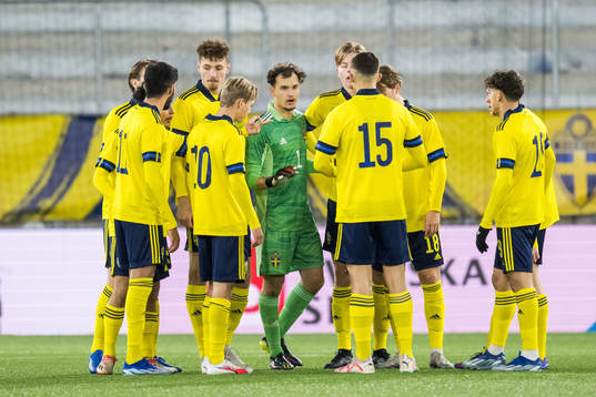 Sveriges målvakt Elis Bischesari deppar med lagkamrater