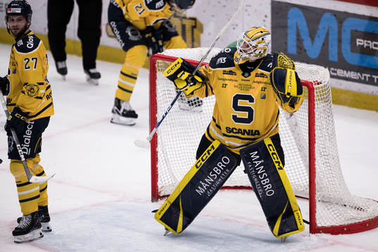 Södertälje SKs målvakt Tomas Sholl jublar