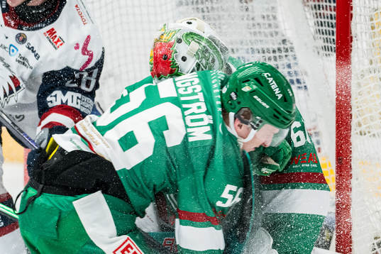 Rögles Adam Engström kolliderar med målvakt Petr Kvaca
