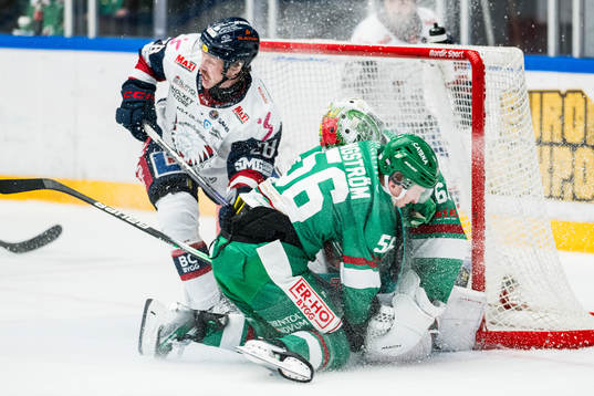Rögles Adam Engström kolliderar med målvakt Petr Kvaca
