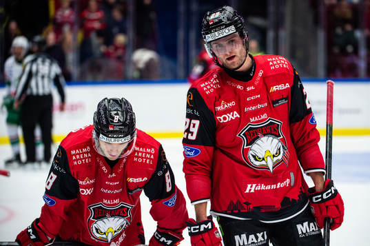 Malmö Redhawks Johan Olofsson och Kim Rosdahl deppar