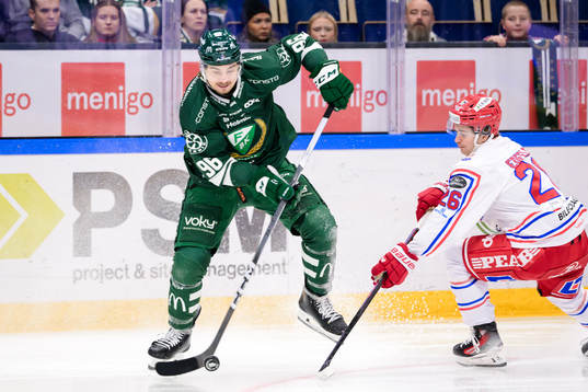 Färjestads David Tomasek och Timrås Noel Edfeldt
