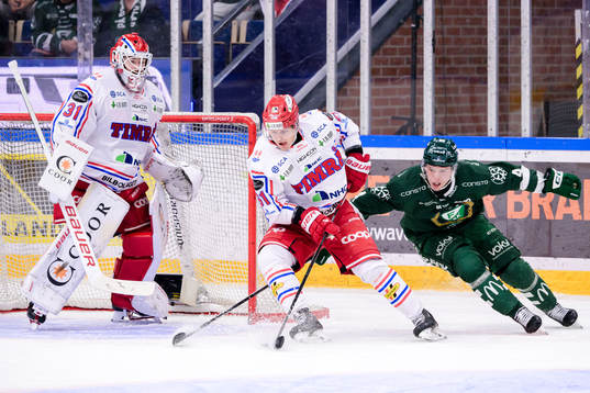Timrås målvakt Tim Juel och Axel Rindell och Färjestads