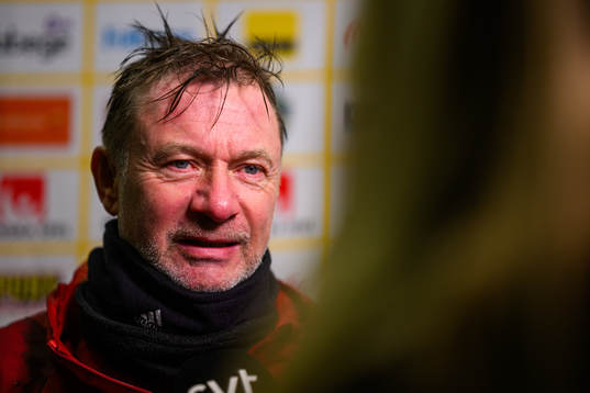 Head coach Peter Gerhardsson is interviewed by the media
