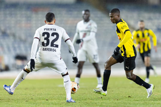 Gustavo Puerta of Bayer Leverkusen and Akoua Romeo Amane of