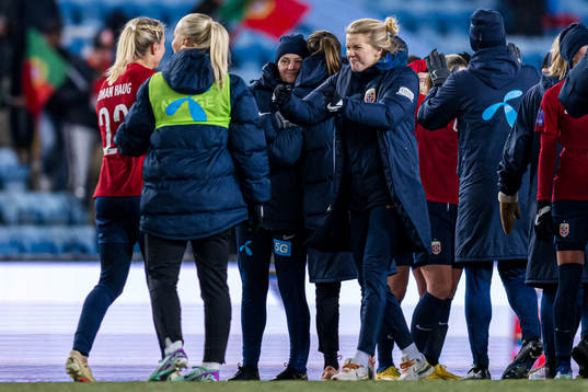 Sophie Roman Haug and Ada Hegerberg of Norway celebrates