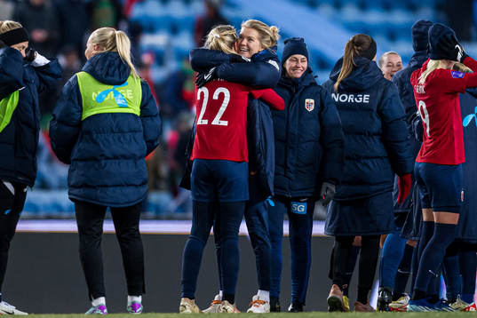 Sophie Roman Haug and Ada Hegerberg of Norway celebrates