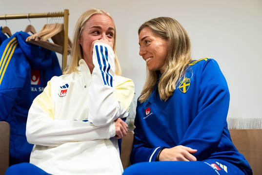 Caroline Seger and Linda Sembrant of Sweden at a press event